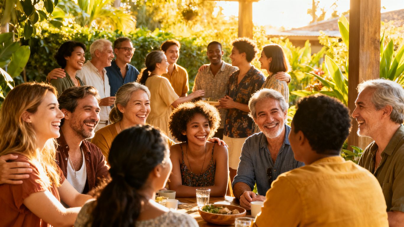 Diverse people connecting and sharing in a welcoming outdoor community space.