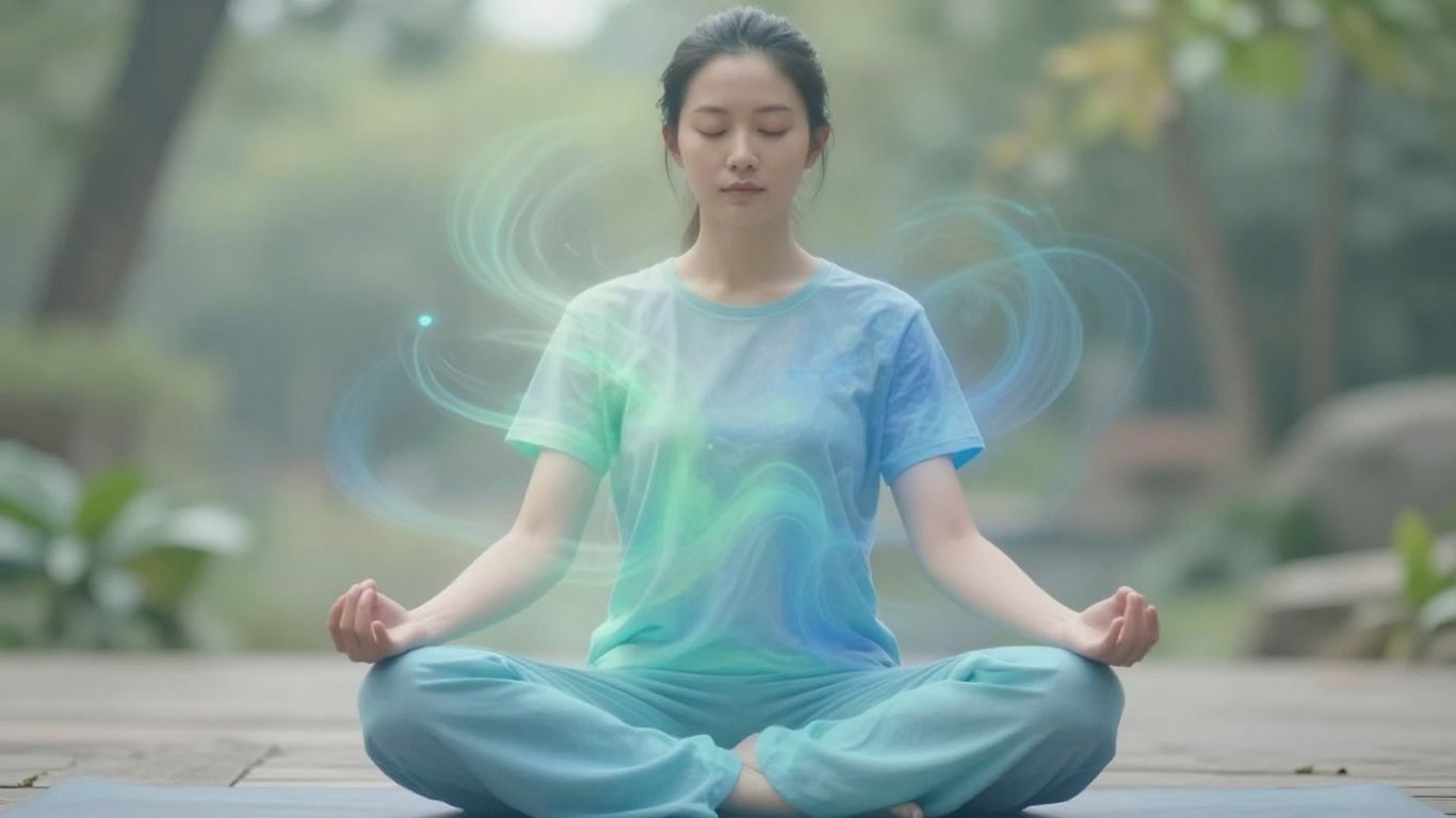 Person meditating peacefully, calm colors, serene atmosphere.