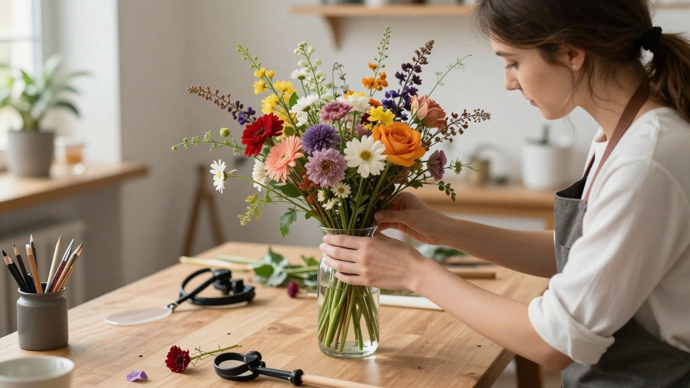 A florist creating a floral arrangement in a studio