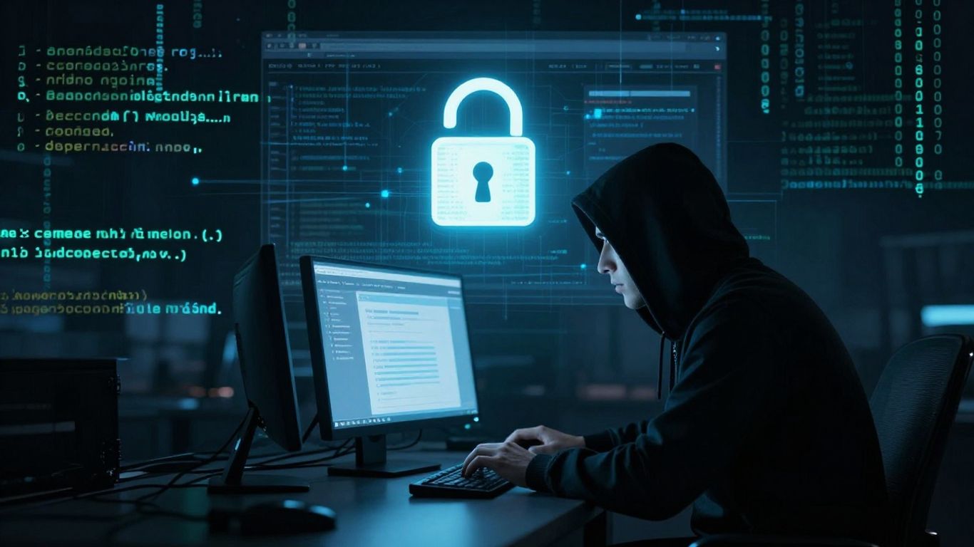 Pirates informatiques menaçant un site web avec un cadenas.