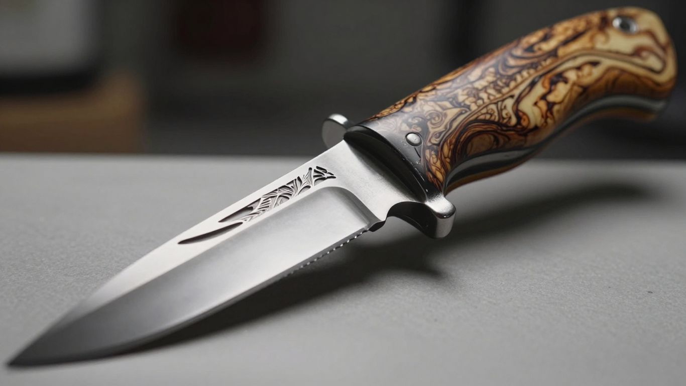 Close-up of a detailed custom knife with polished blade and handle.