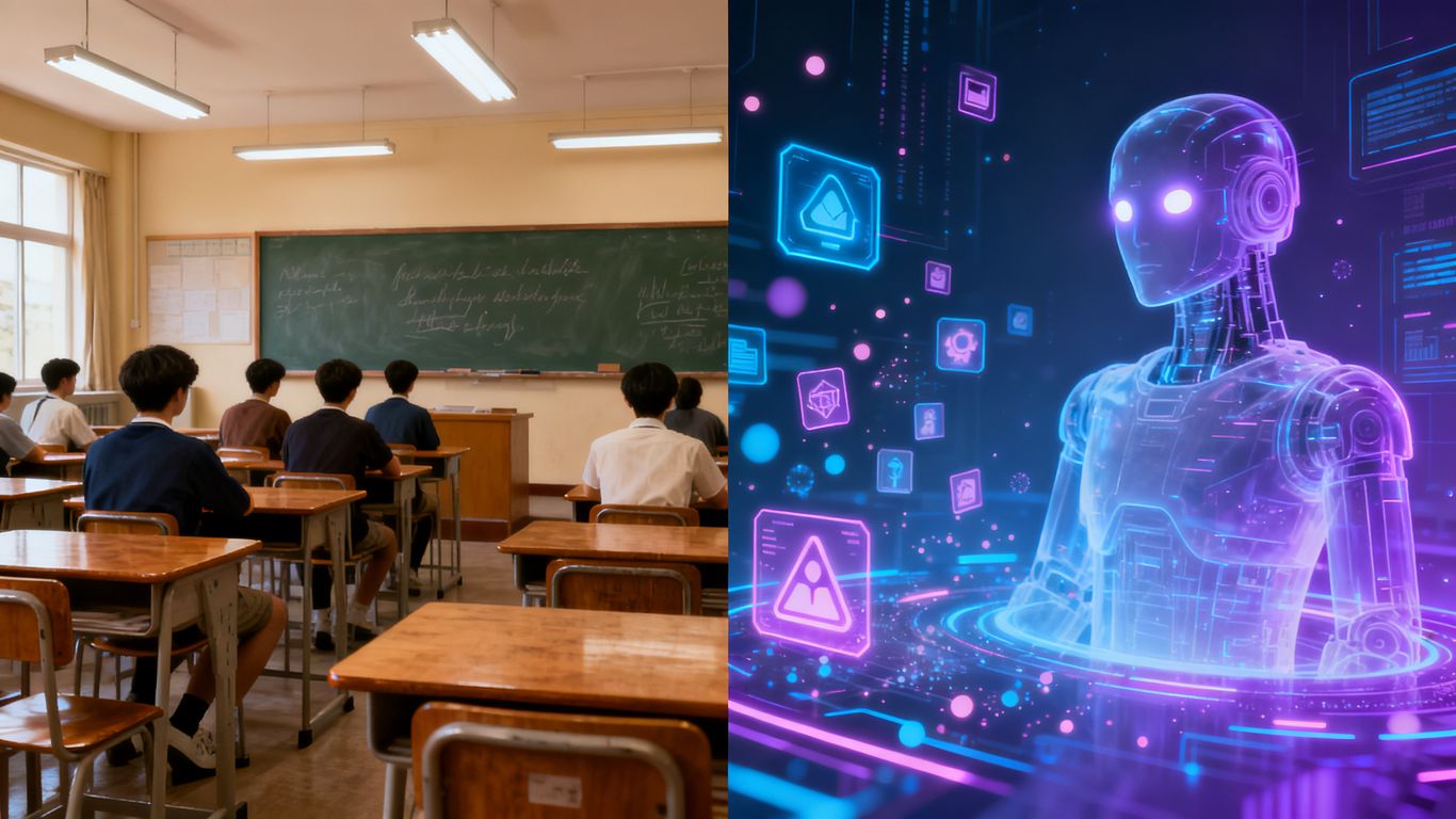 Classroom evolving into AI-powered digital learning.