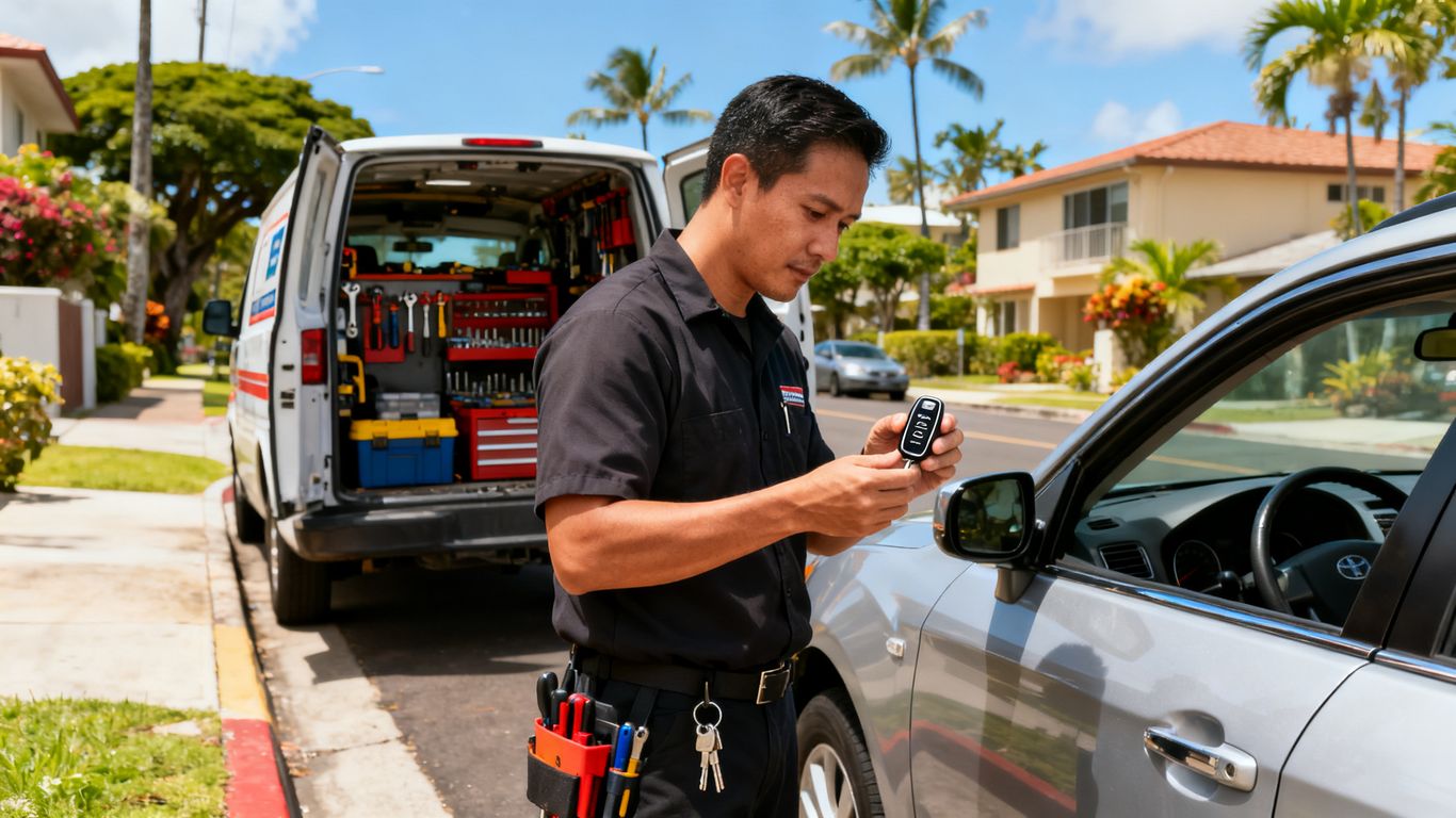 Mobile locksmith working beside a parked vehicle