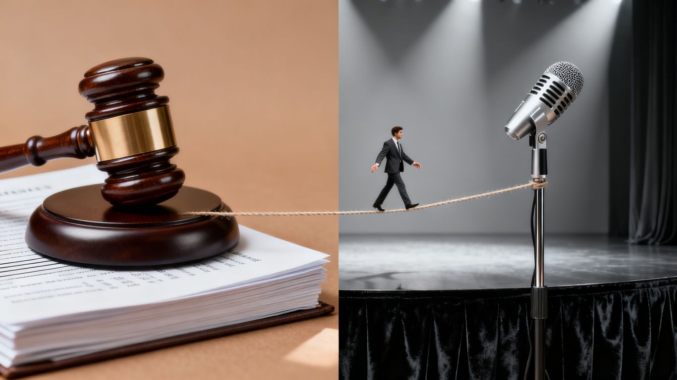Gavel and microphone connected by a tightrope.