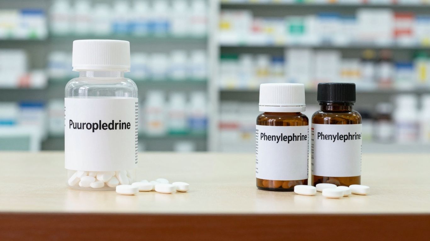 Pseudoephedrine and phenylephrine bottles on a pharmacy counter.