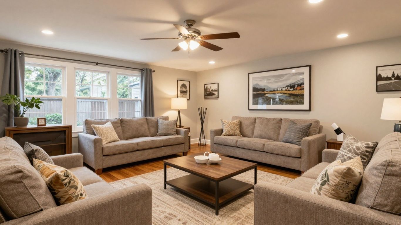 Finished basement living area in Dacula, Georgia.