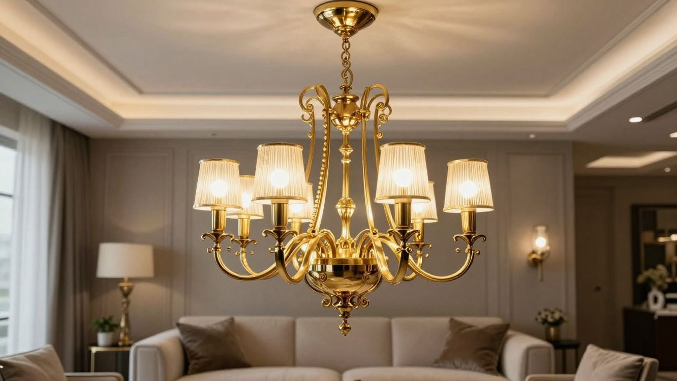 Elegant brass chandelier illuminating a modern living room.