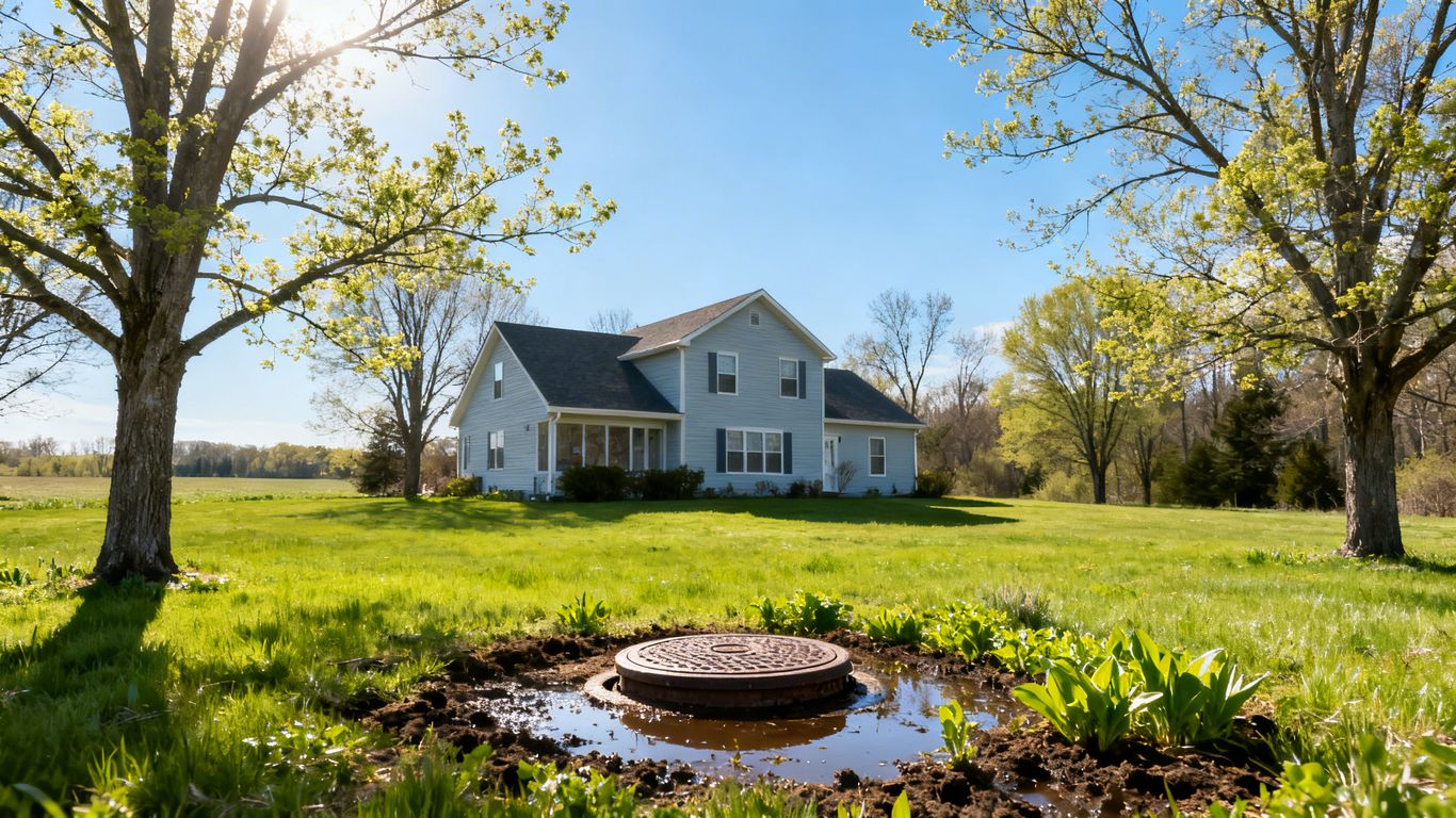 Springtime rural home with septic tank and green lawn
