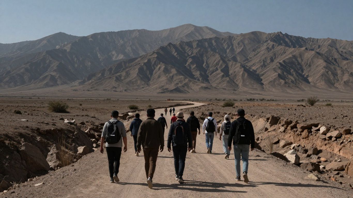 Oameni mergând pe un drum spre munți.