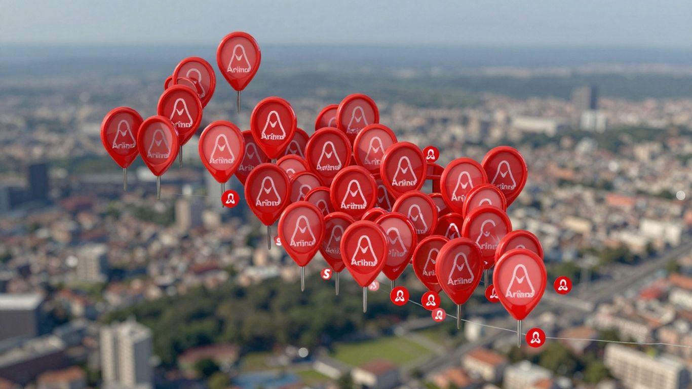 Map with many red Airbnb pins indicating bookings.