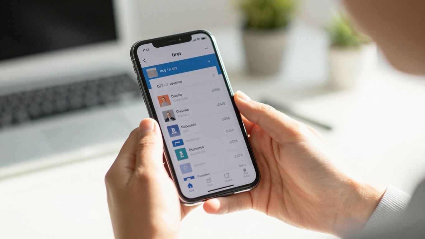 Hands holding smartphone with financial app