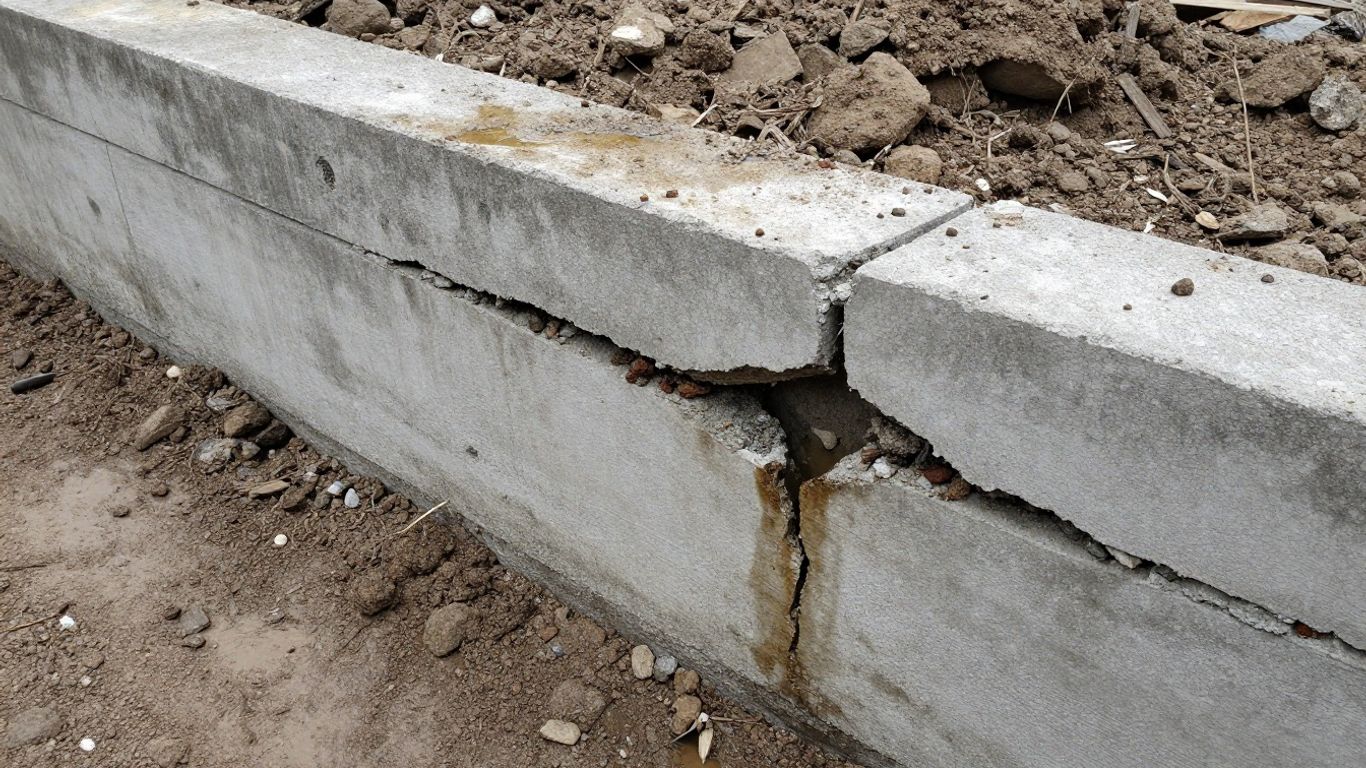 Cracked foundation wall with water damage.