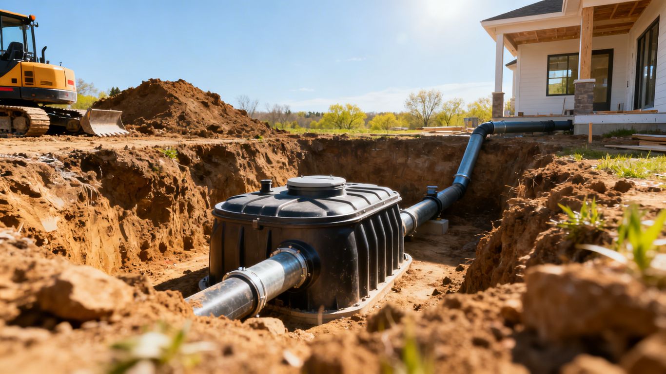 New home construction with septic system installation.