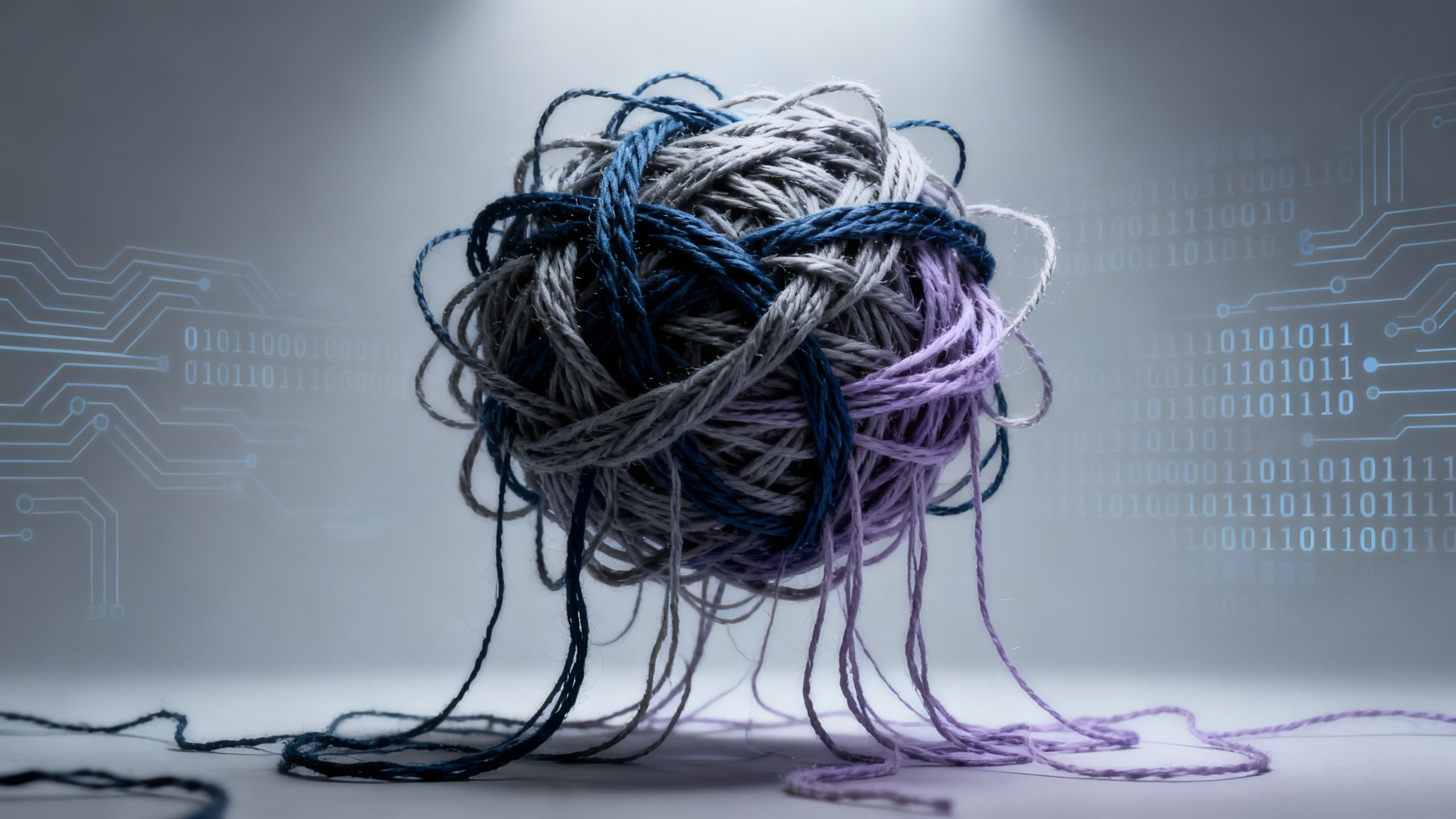 An image of a complex, tangled web of threads, symbolizing the conversational complexity that can trip up an AI system.