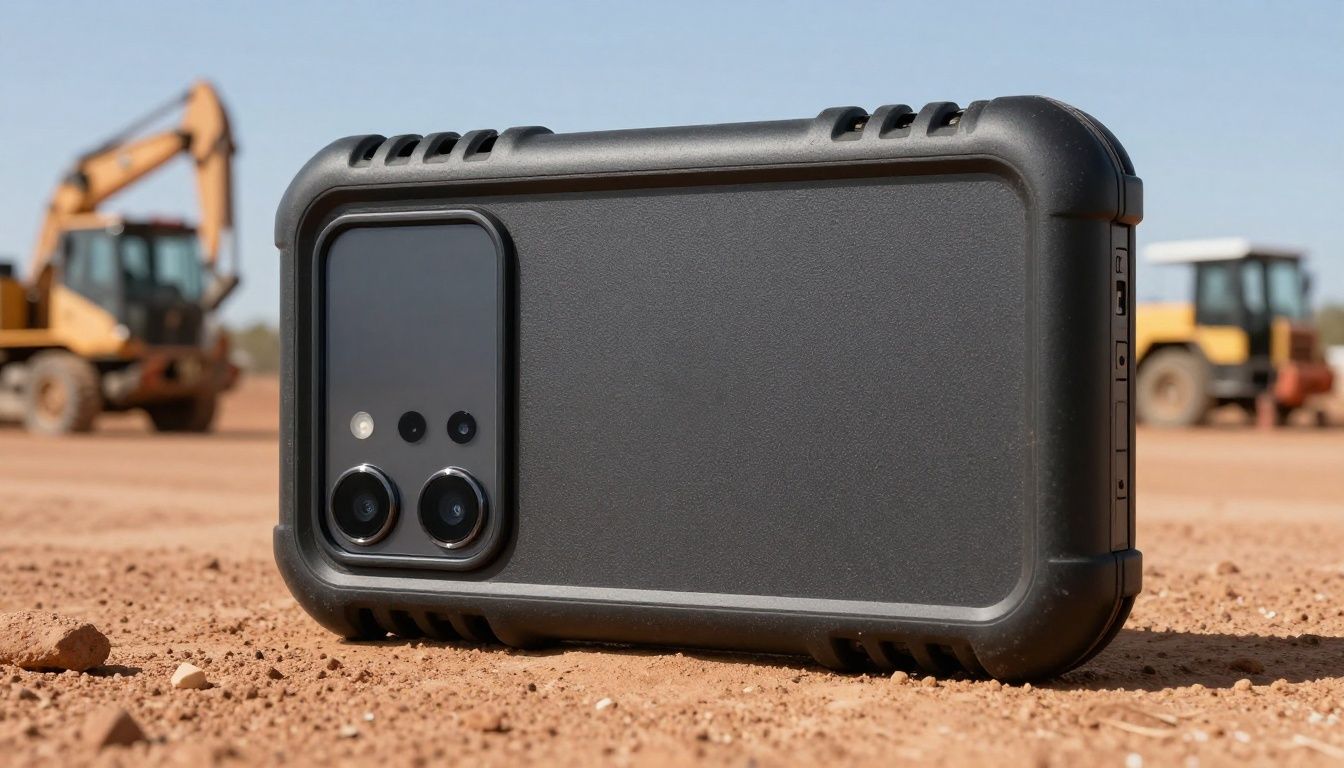 A close-up of a Galaxy S23 Ultra in a rugged waterproof case, set against the backdrop of a dusty Australian worksite