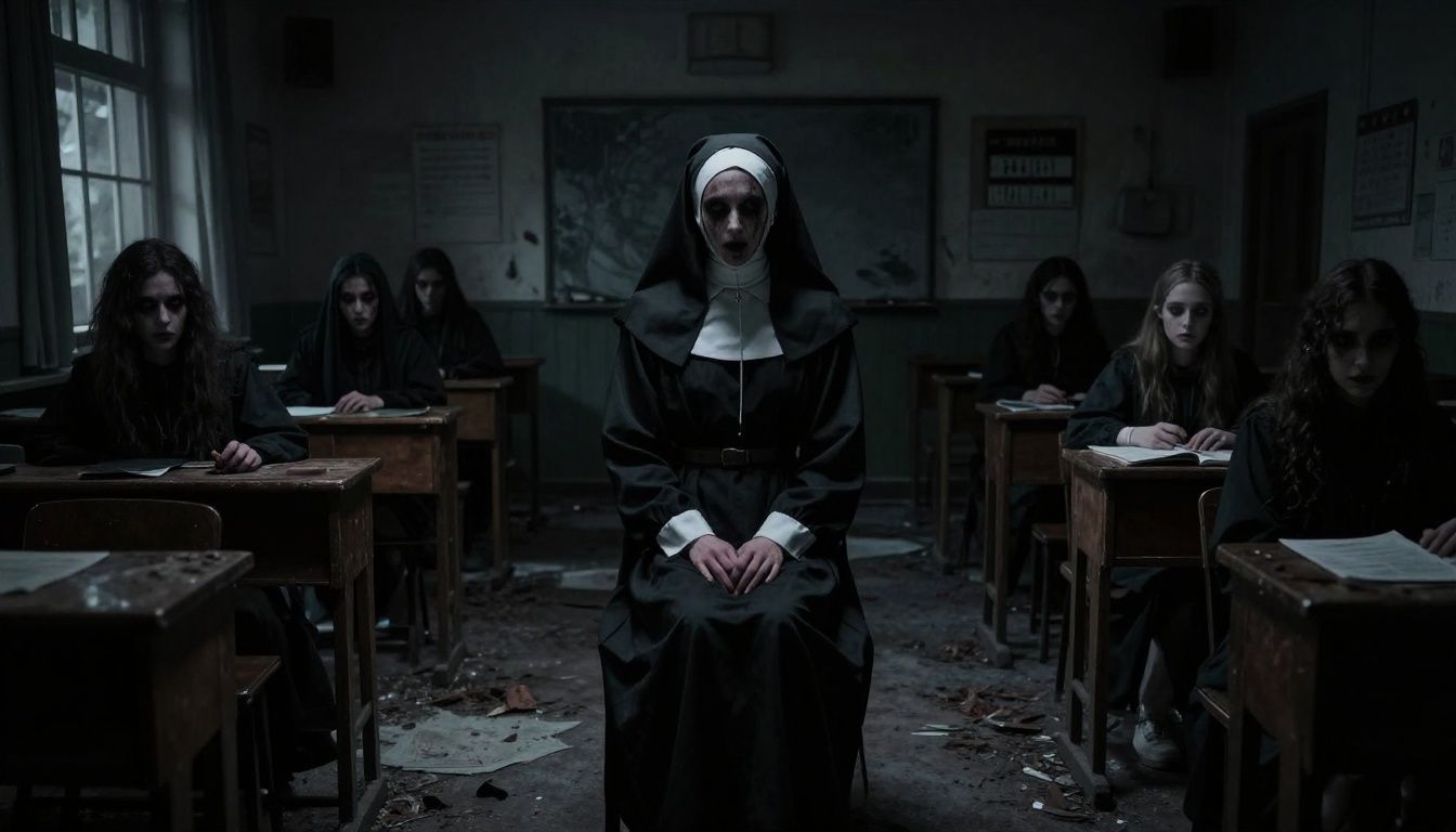 Evil Nun: Terror na Escola em um corredor escuro de escola abandonada, com a freira assustadora ao fundo e uma atmosfera de suspense e sobrevivência