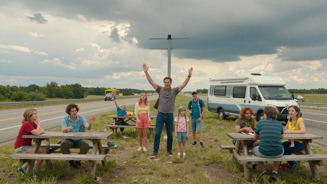 Vacation movie ensemble at roadside stop
