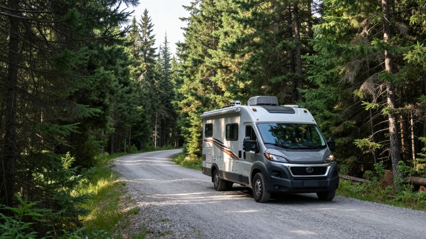 Motorhome driving on a forest road in Canada.