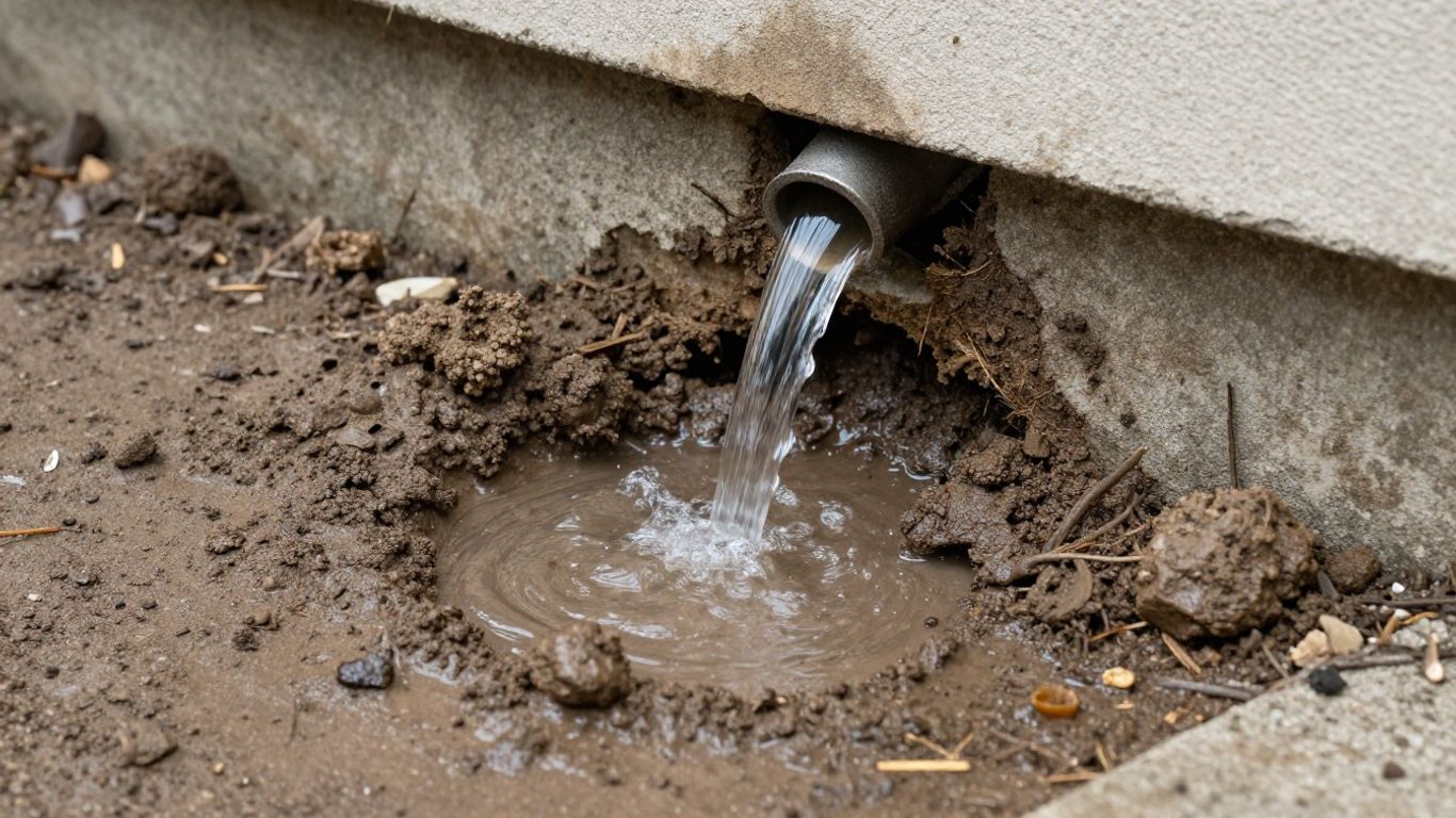 Water pooling near house foundation from downspout.