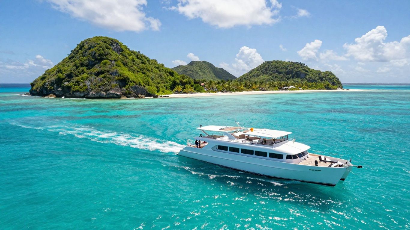 Catamaran sailing in clear Caribbean waters near islands.