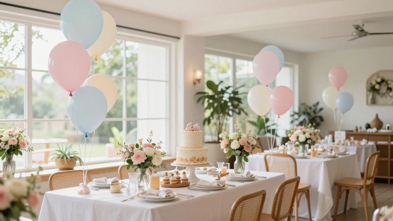 Elegant Dallas baby shower venue with balloons and cake.