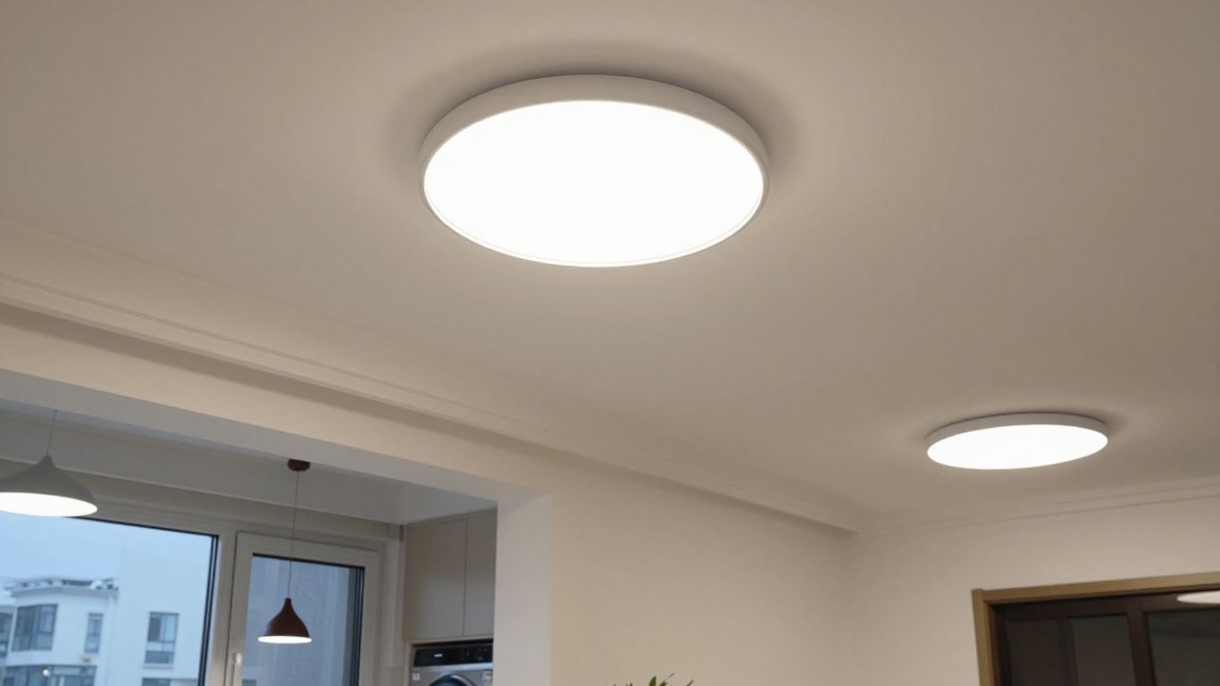 Various ceiling light fixtures illuminating a modern living room.