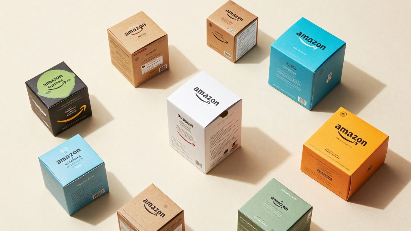 Amazon product packaging arranged strategically on a surface.