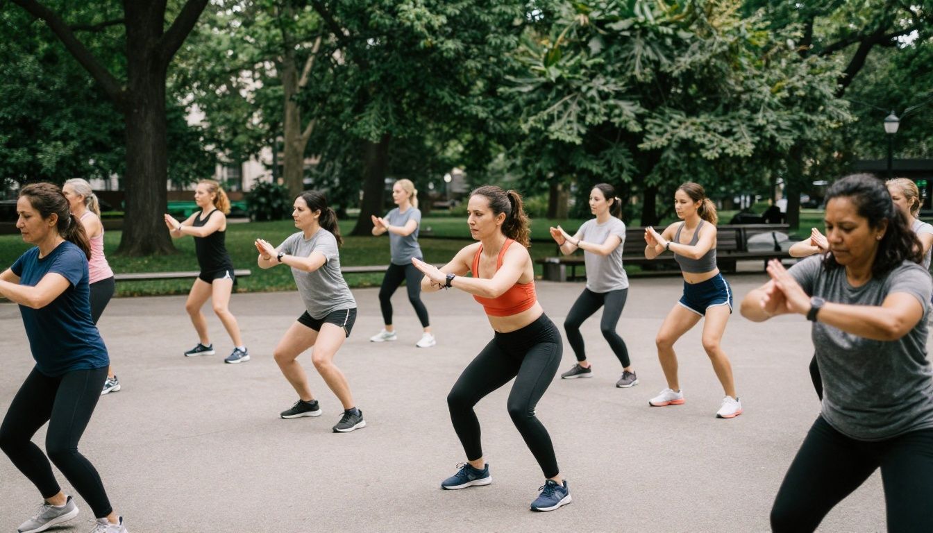 A diverse group of driven adults completing a balanced outdoor workout in a city park, with subtle visual cues of work-life balance and intentional living, natural lighting, no text or letters