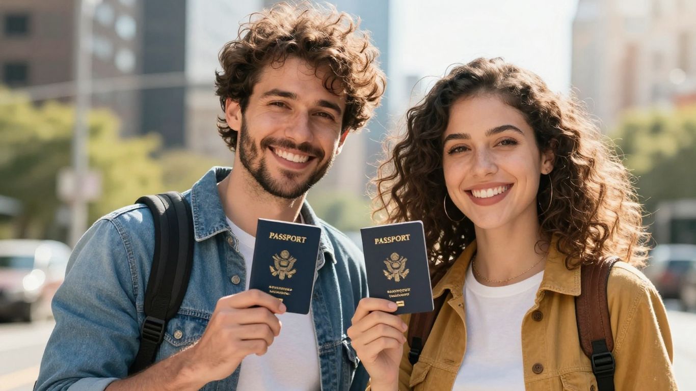 Pareja feliz con pasaporte y green card.