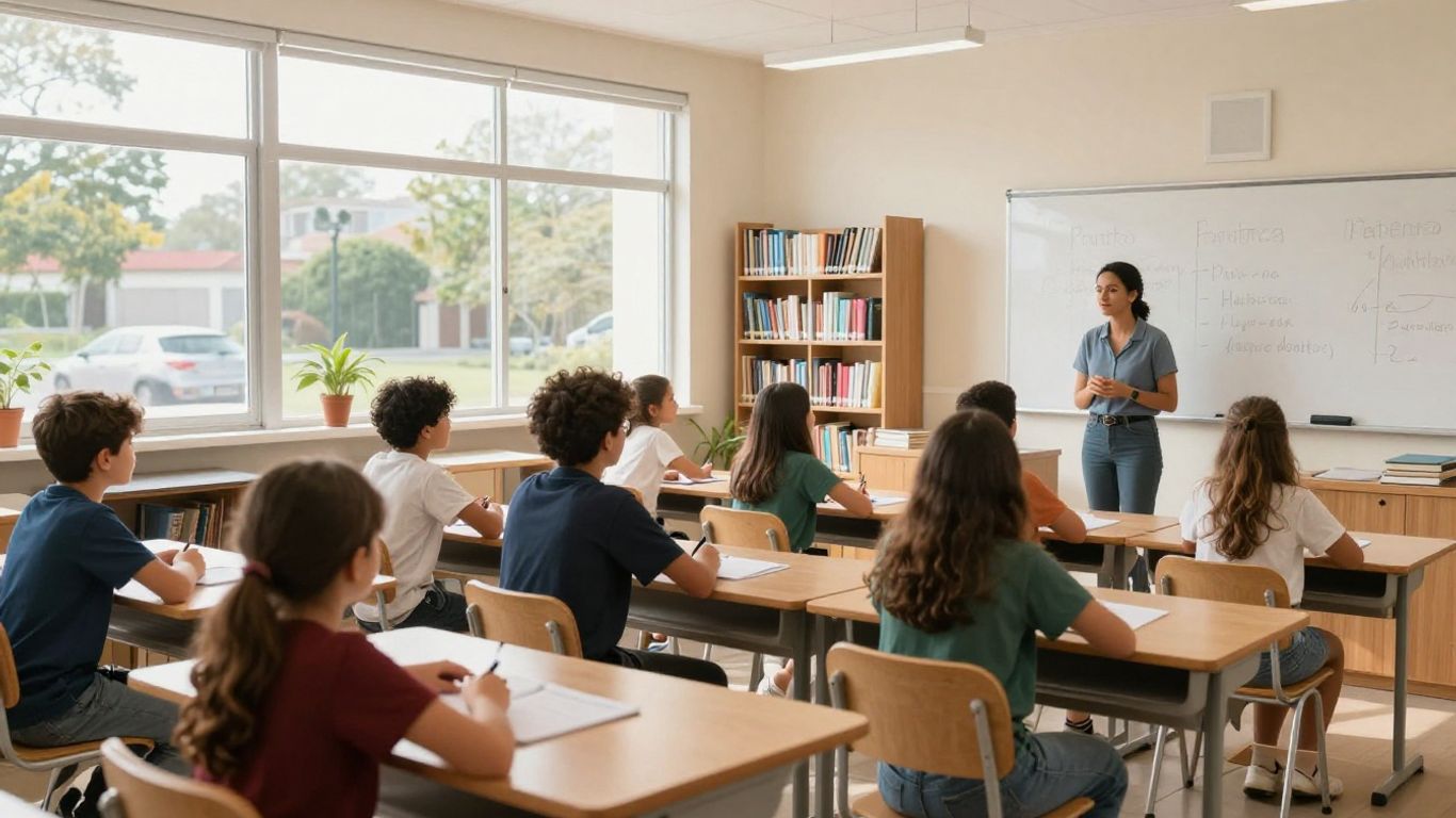 Sala de aula moderna com alunos aprendendo português.