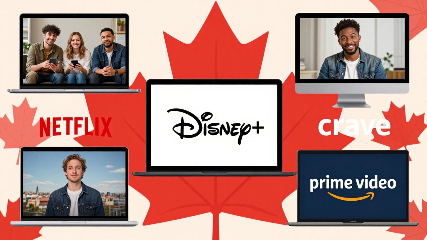 Canadian streaming services logos and people enjoying entertainment.