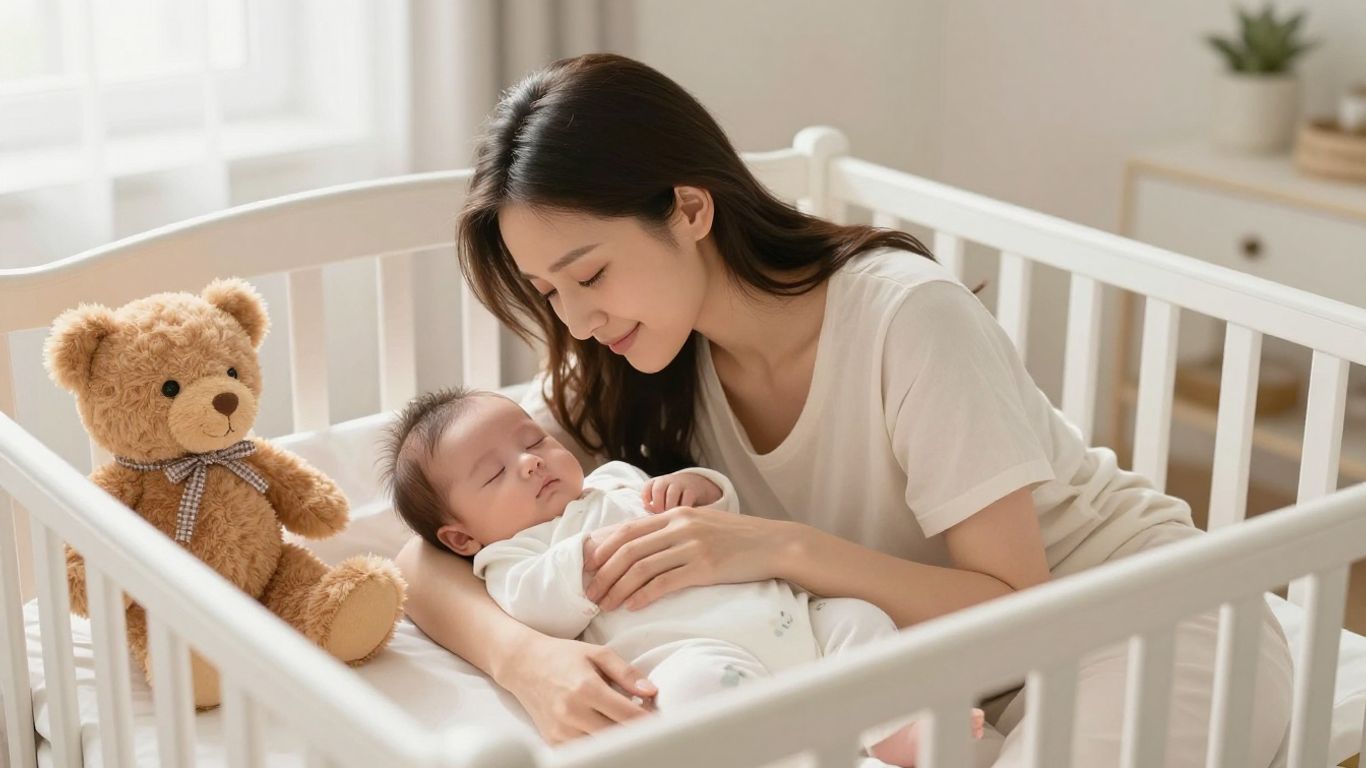 Mother holding a sleeping baby in a nursery.