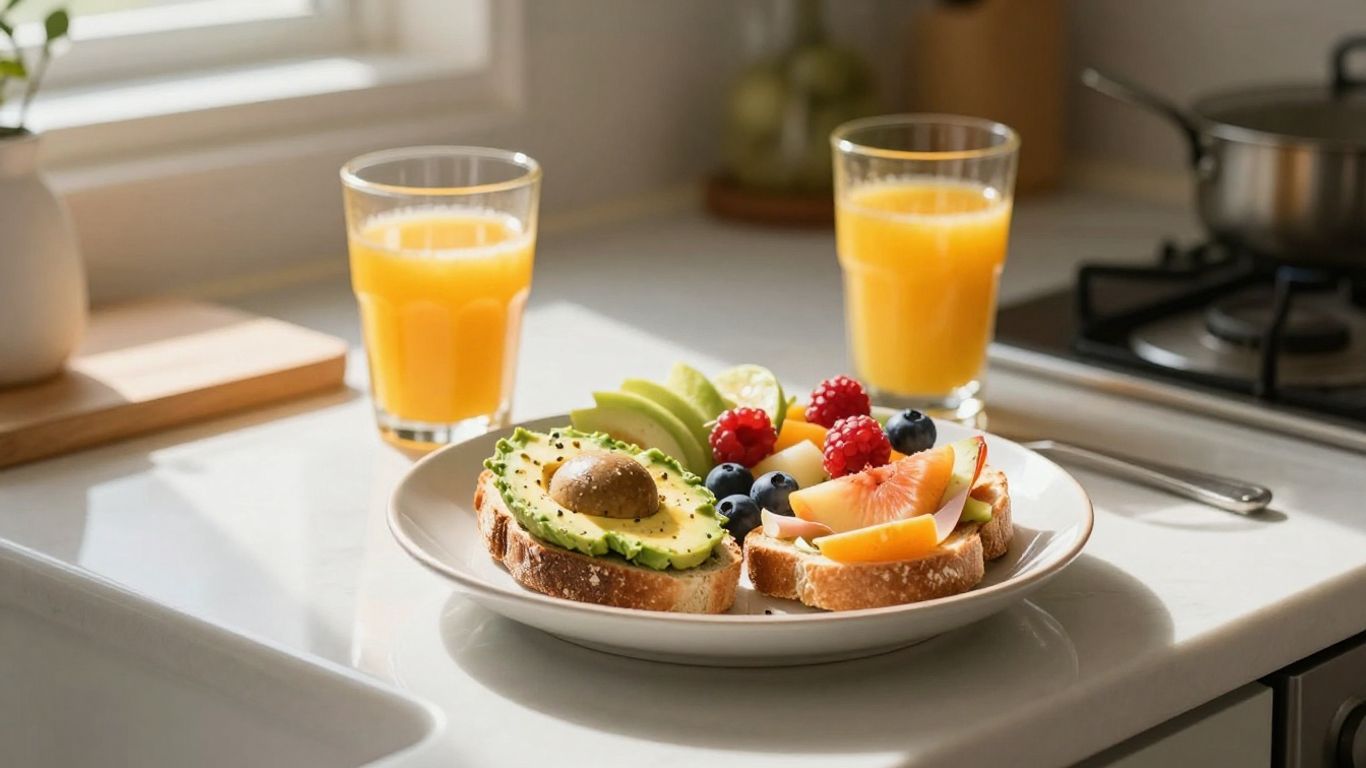 Healthy breakfast spread on a kitchen counter