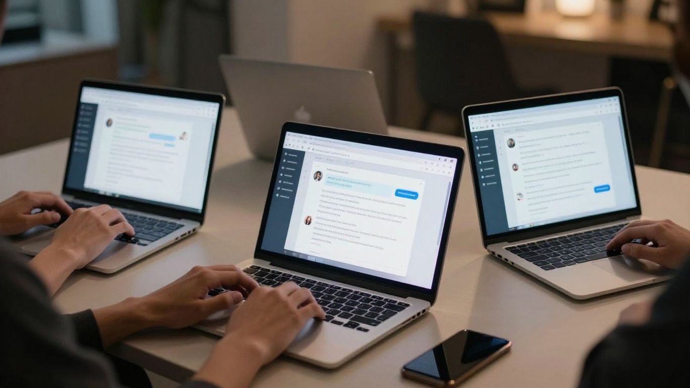 Trois personnes utilisant différents chatbots IA sur ordinateurs portables