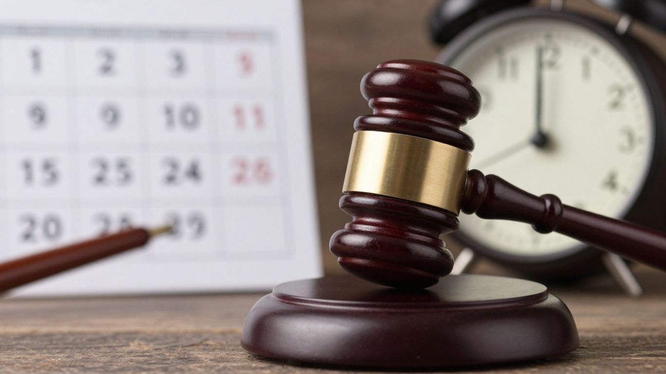 Gavel striking block near a calendar and clock.