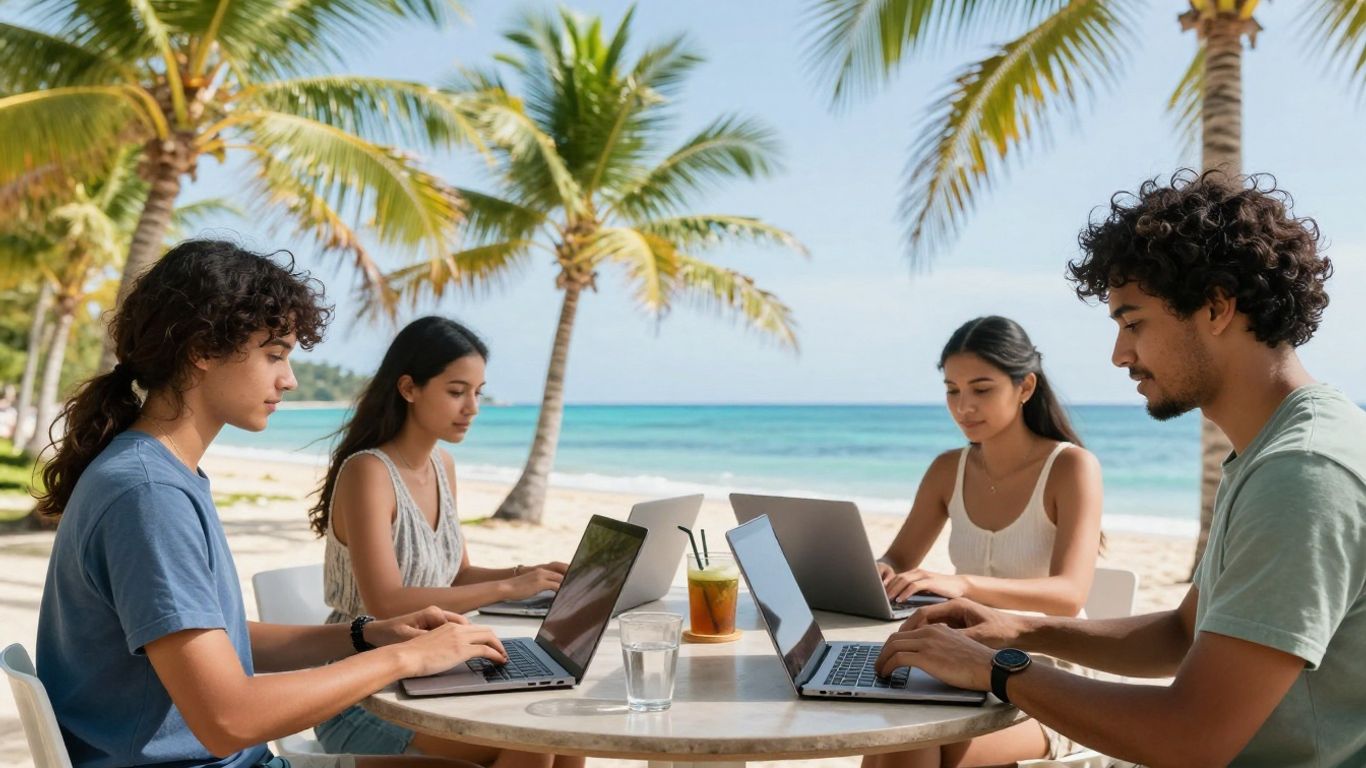 Digital nomads working on laptops on a tropical beach.