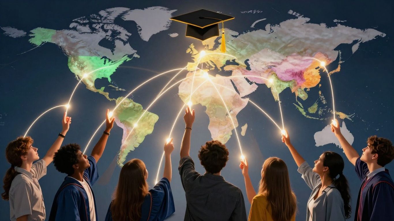 Estudiantes que se conectan globalmente para obtener oportunidades educativas.