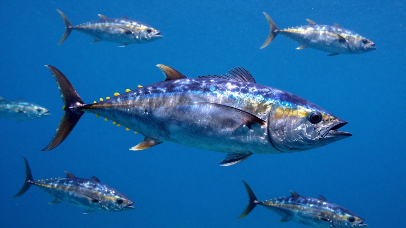 Atum gigante nadando rápido no oceano profundo