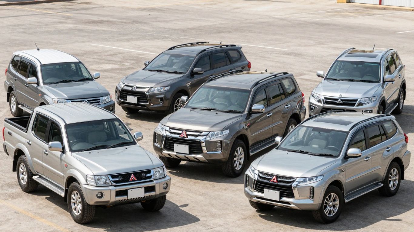 Various Mitsubishi car models in an outdoor lot.