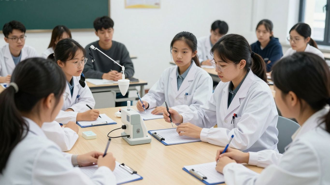 Students learning medical assistant skills in a classroom.