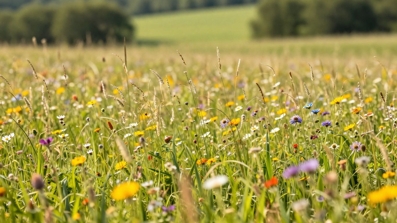 Sommerwiese mit Blumen und Sonnenschein
