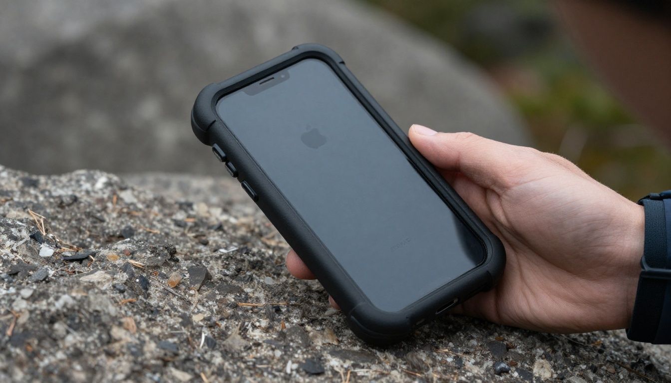 A person hiking in the Blue Mountains, carefully checking their iPhone which is in a sturdy, heavy-duty case.