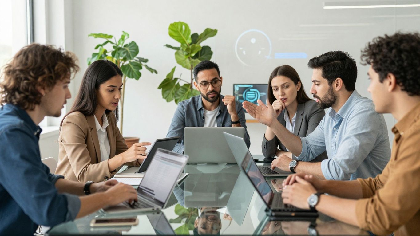 Idea management tools. Professionals brainstorming with digital devices in modern office