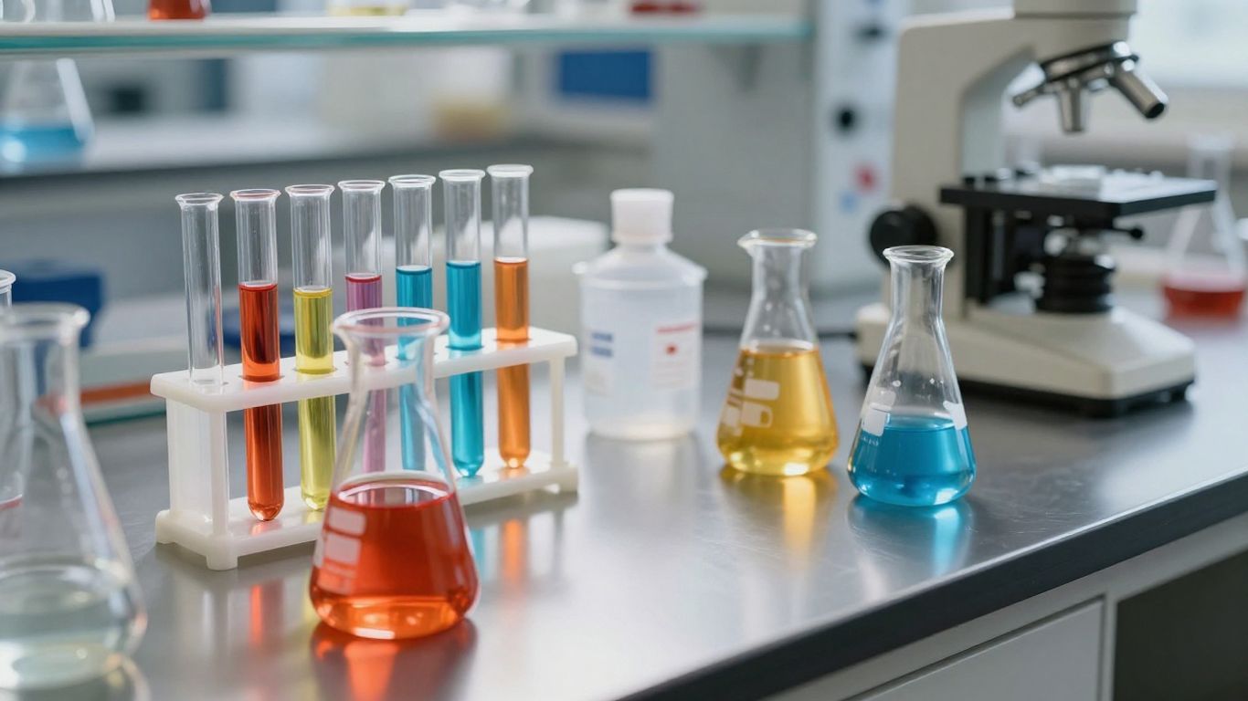 Laboratory equipment with colorful liquids.