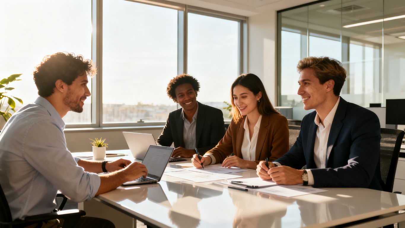Professionals collaborating in a modern, bright office environment.