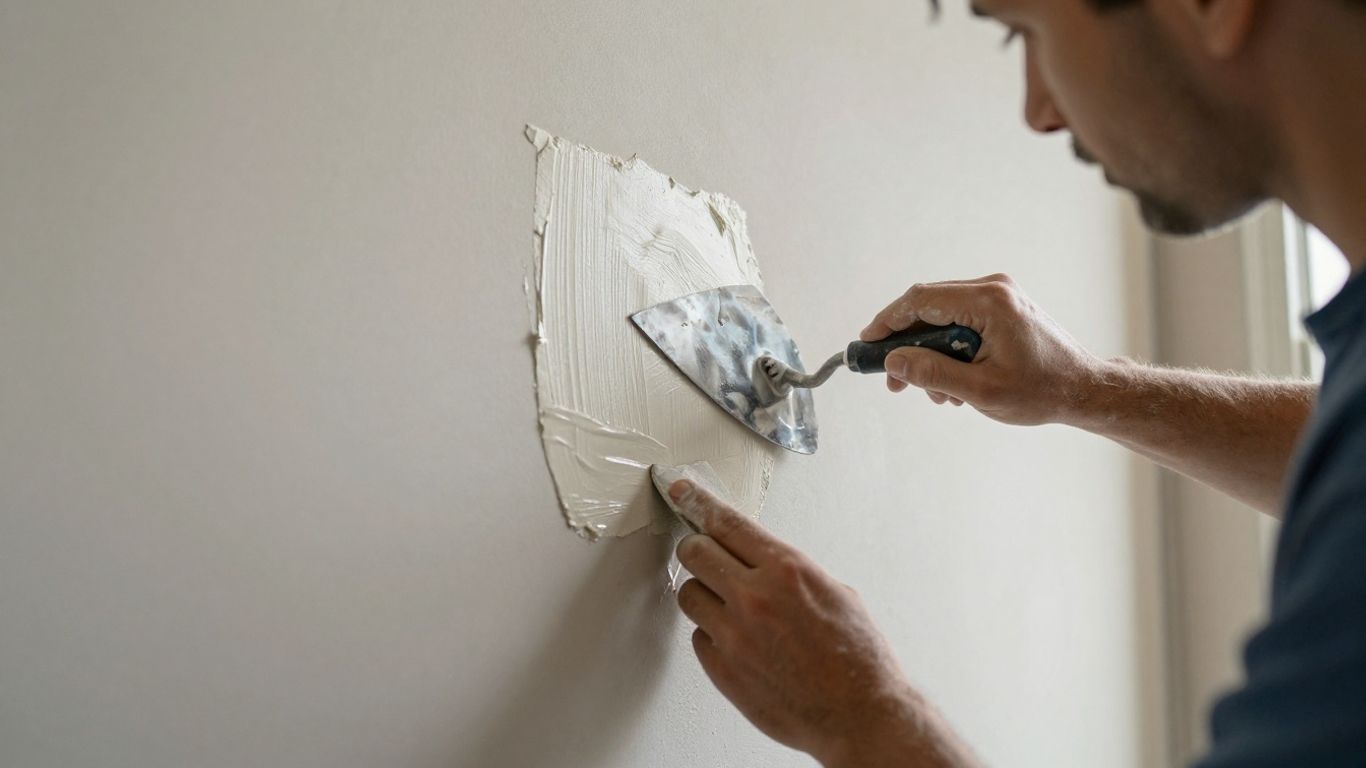 Plasterer smoothing a wall with a trowel.