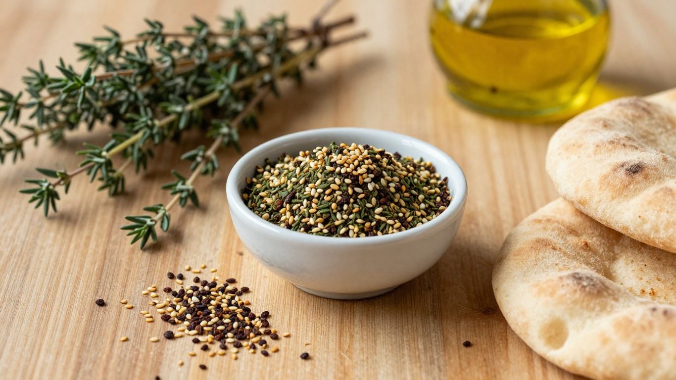 Za’atar spice blend with herbs and pita on table.