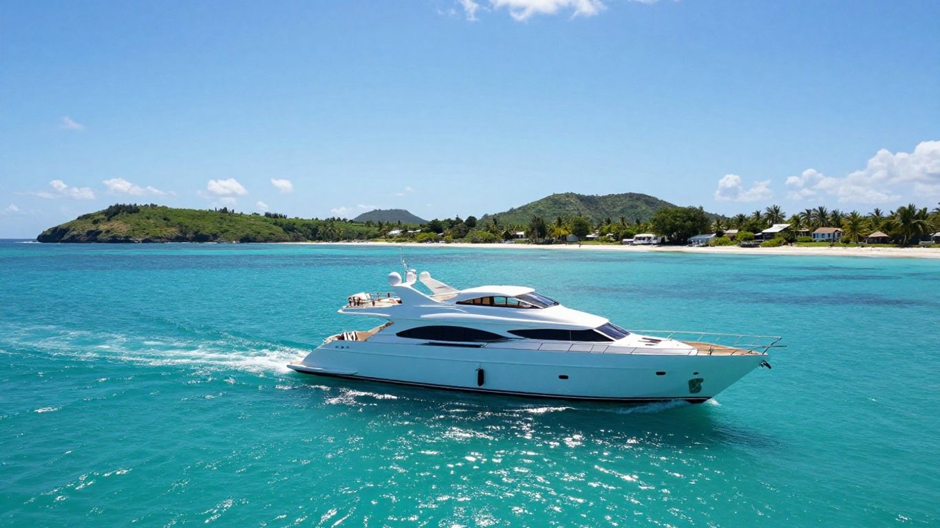 Luxury yacht sailing in Antigua's clear blue waters.