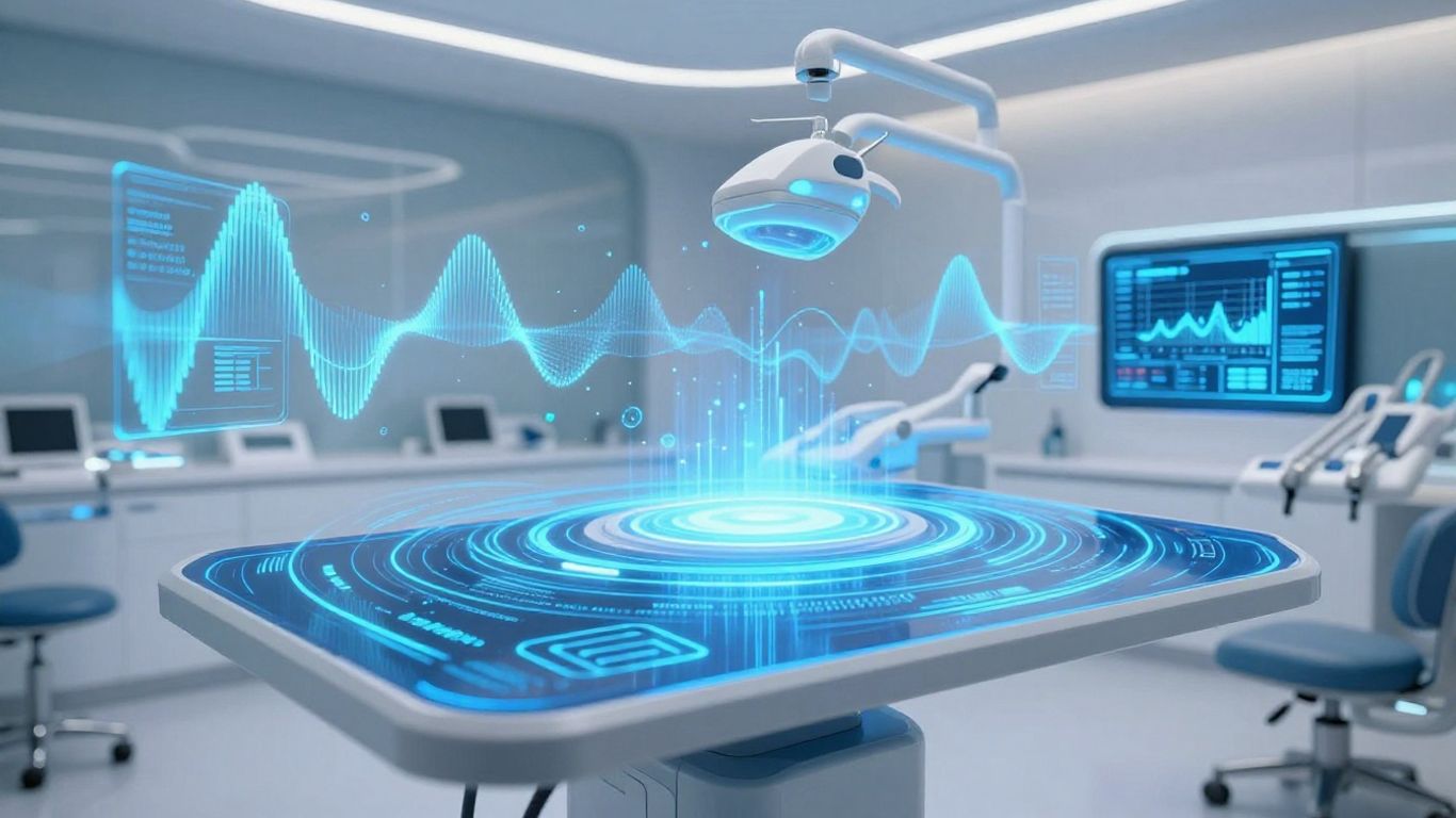 AI securing dental patient calls with digital waveforms.