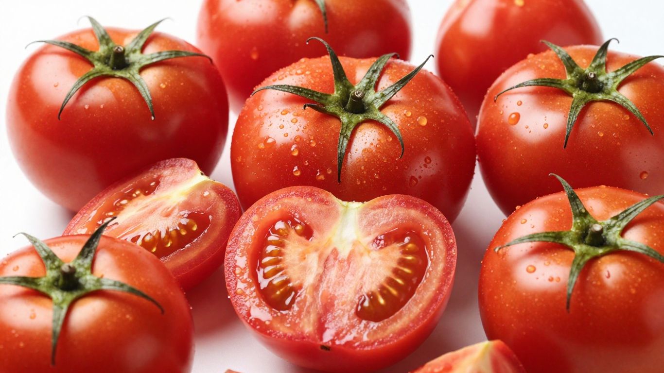 Fresh tomatoes, some whole, some halved, ready for cooking.